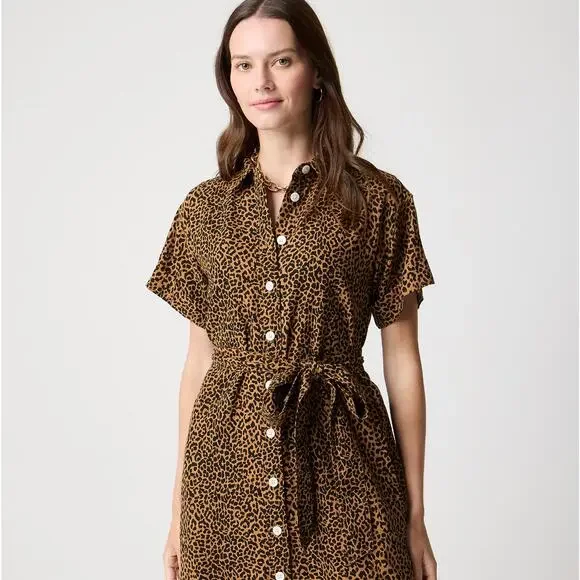 J. CREW 2025 Linen Belted Mini Shirt Dress Warm Brandy Animal Print Sz XL {3T15}